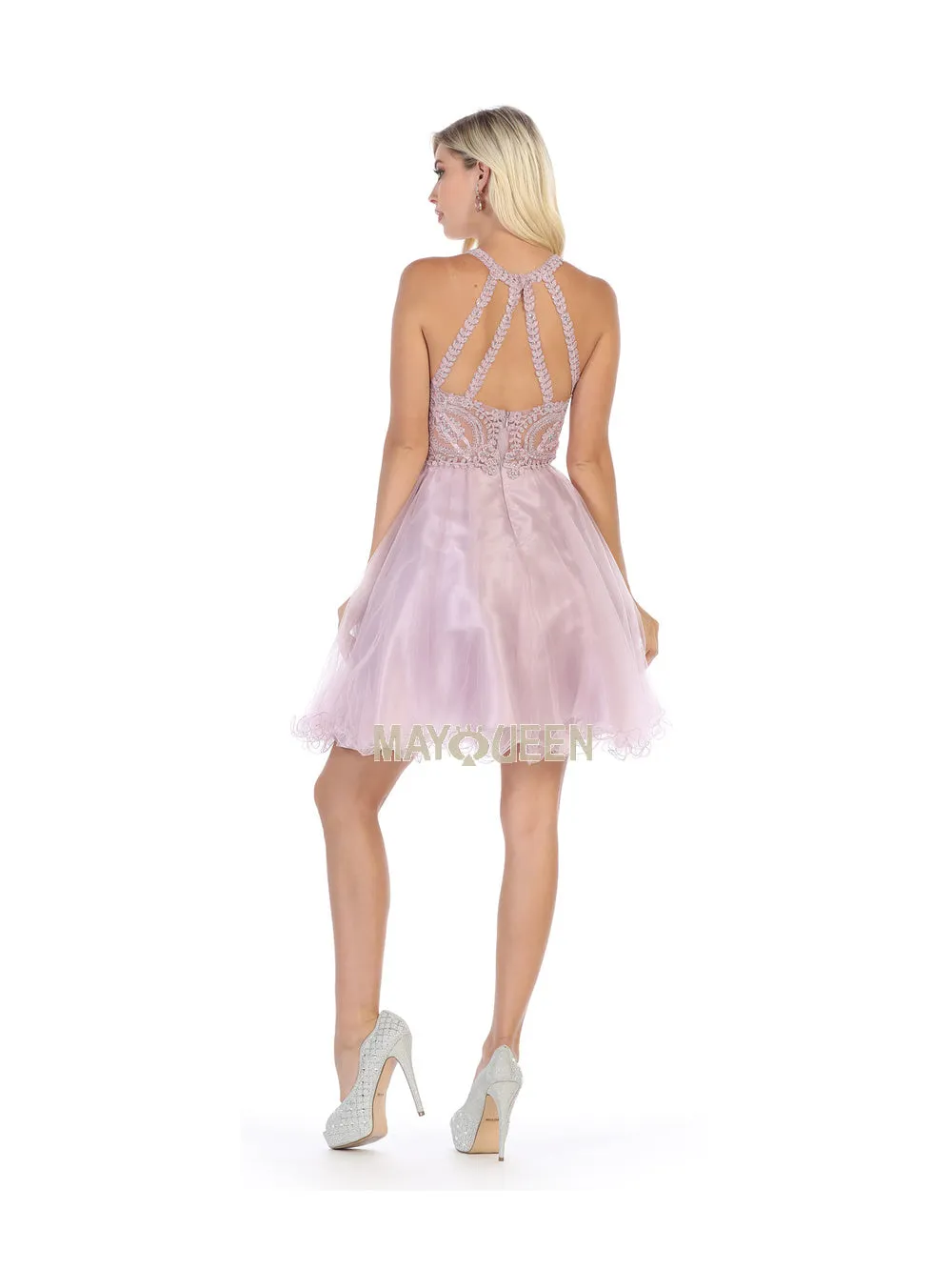 MQ 1643 - Short A-Line Homecoming Dress with Lace-Applique Bodice High-Neck & Layered Tulle Skirt