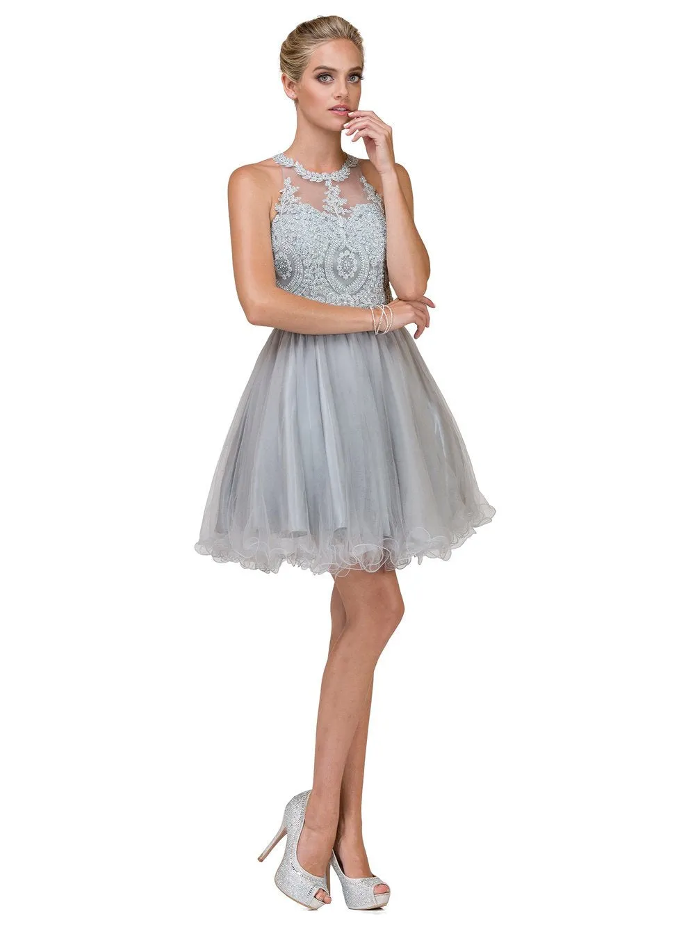 MQ 1643 - Short A-Line Homecoming Dress with Lace-Applique Bodice High-Neck & Layered Tulle Skirt