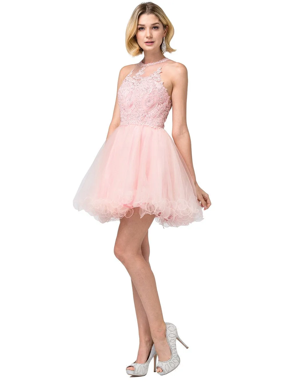 MQ 1643 - Short A-Line Homecoming Dress with Lace-Applique Bodice High-Neck & Layered Tulle Skirt