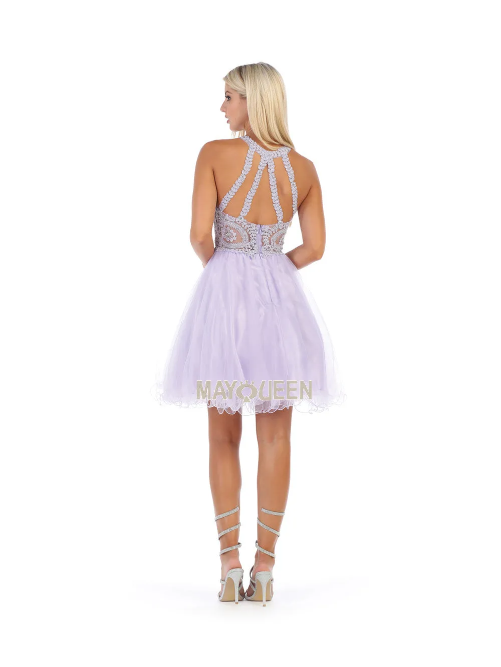 MQ 1643 - Short A-Line Homecoming Dress with Lace-Applique Bodice High-Neck & Layered Tulle Skirt