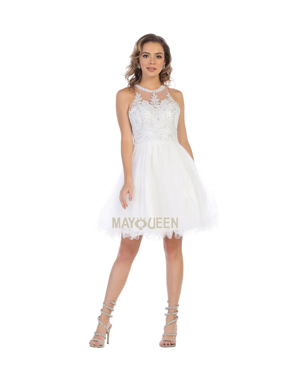 MQ 1643 - Short A-Line Homecoming Dress with Lace-Applique Bodice High-Neck & Layered Tulle Skirt