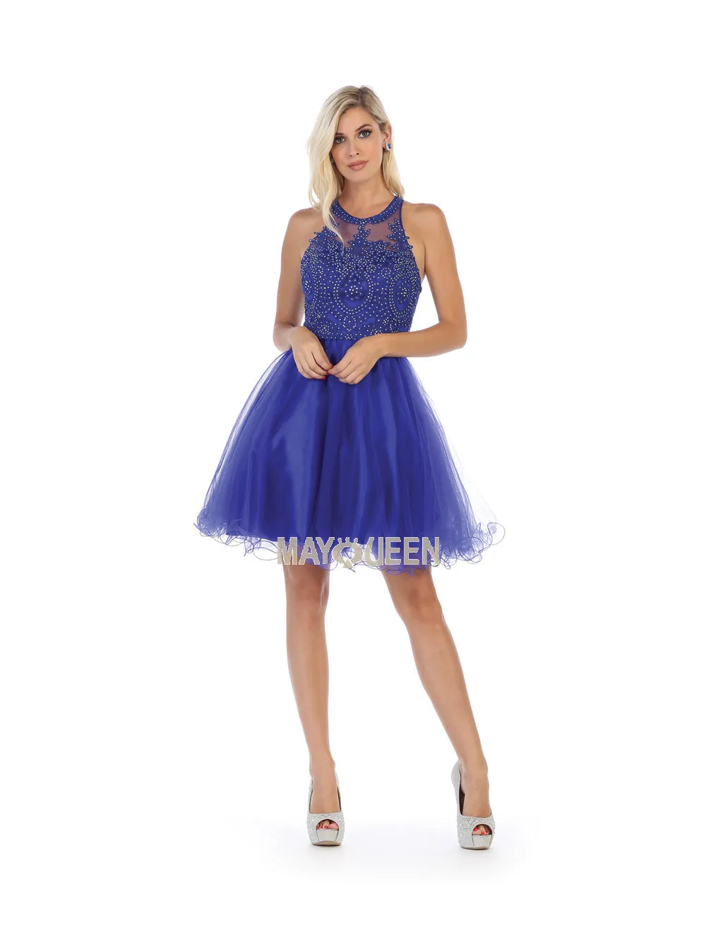 MQ 1643 - Short A-Line Homecoming Dress with Lace-Applique Bodice High-Neck & Layered Tulle Skirt