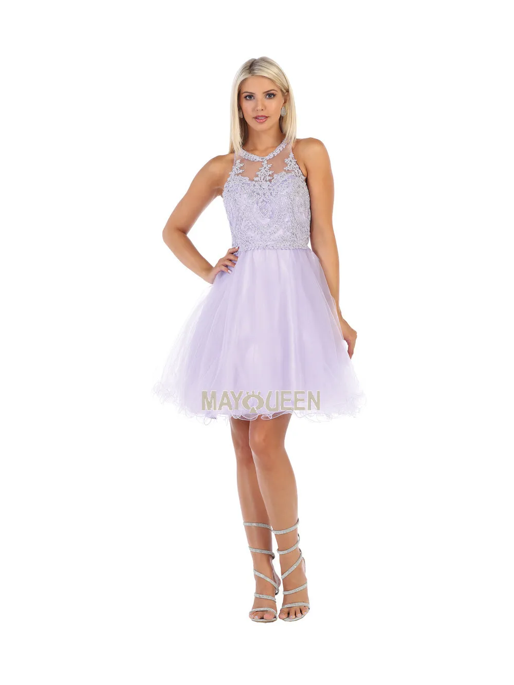 MQ 1643 - Short A-Line Homecoming Dress with Lace-Applique Bodice High-Neck & Layered Tulle Skirt