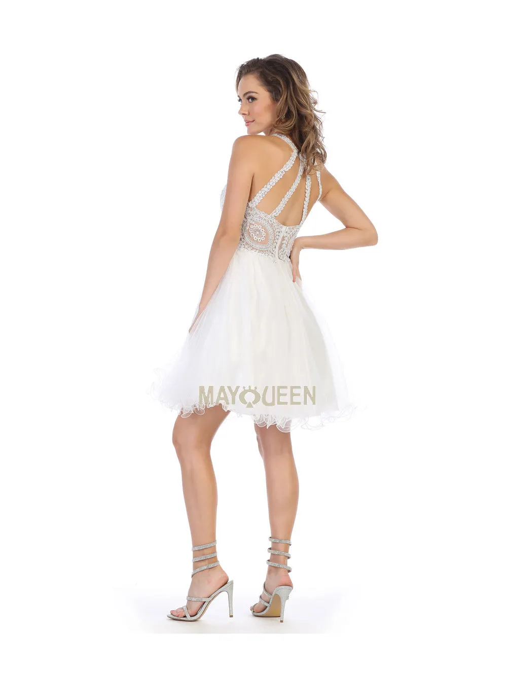 MQ 1643 - Short A-Line Homecoming Dress with Lace-Applique Bodice High-Neck & Layered Tulle Skirt