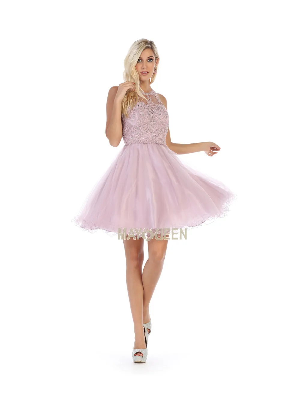 MQ 1643 - Short A-Line Homecoming Dress with Lace-Applique Bodice High-Neck & Layered Tulle Skirt