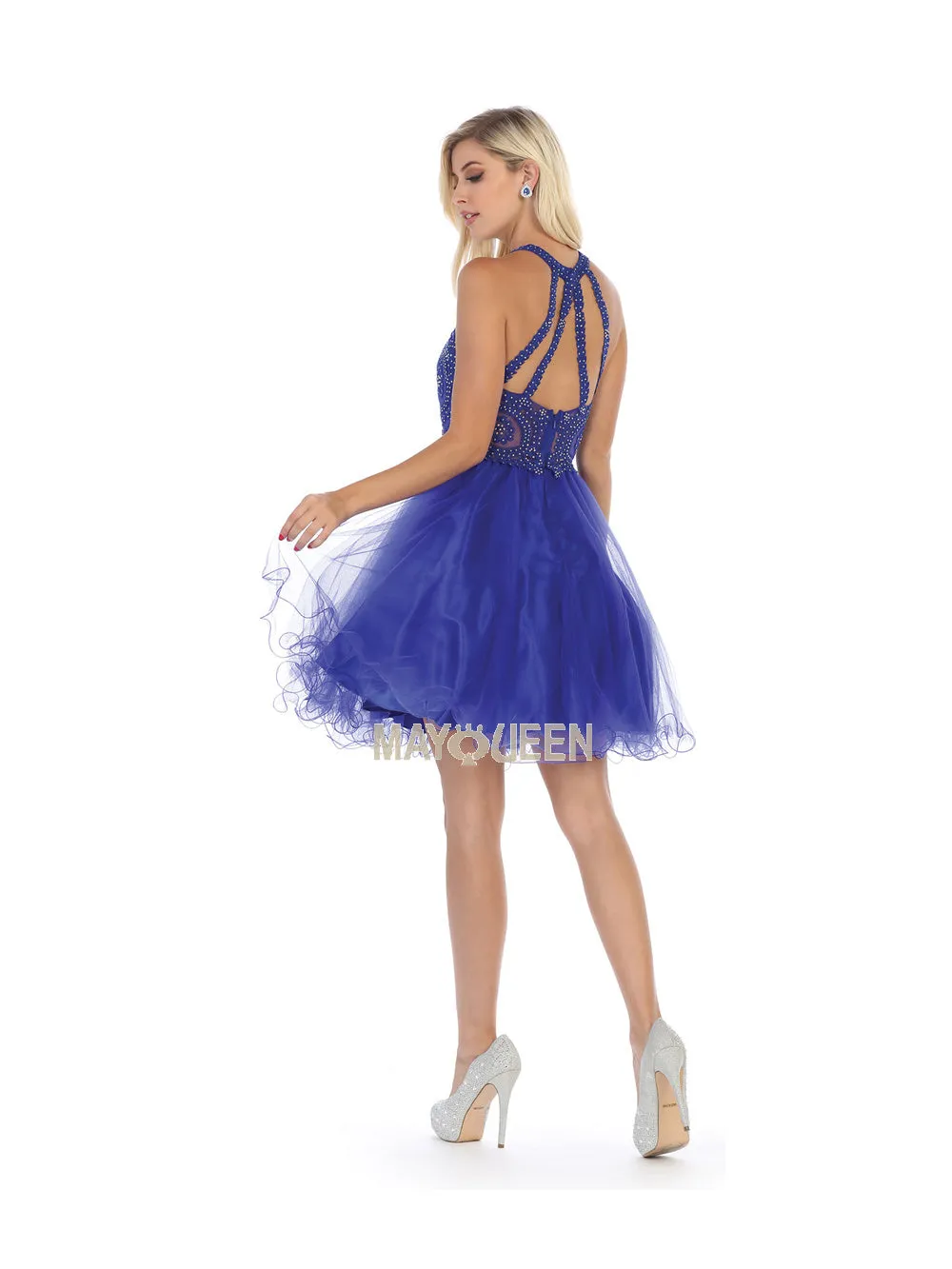 MQ 1643 - Short A-Line Homecoming Dress with Lace-Applique Bodice High-Neck & Layered Tulle Skirt