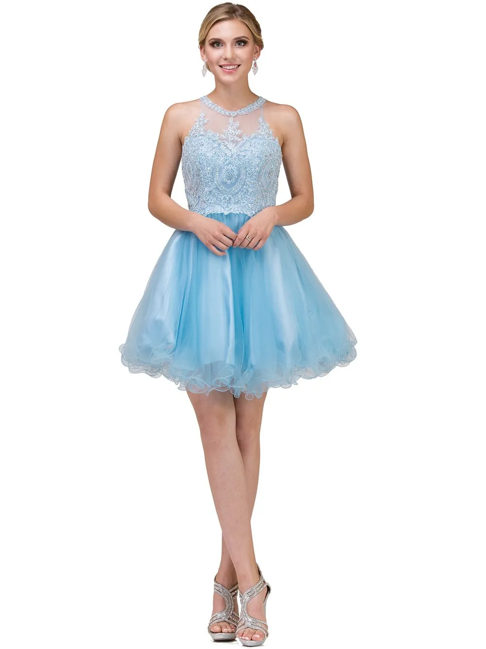 MQ 1643 - Short A-Line Homecoming Dress with Lace-Applique Bodice High-Neck & Layered Tulle Skirt