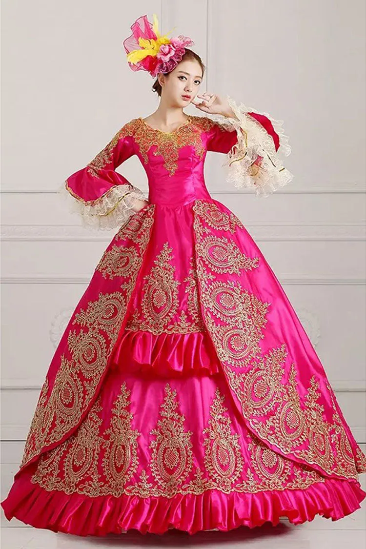 Multi-Layer Half Sleeves Trumpet Sleeves High Waisted Hollow Embroidery Floral Print Ruffled Victorian Lolita Prom Dress