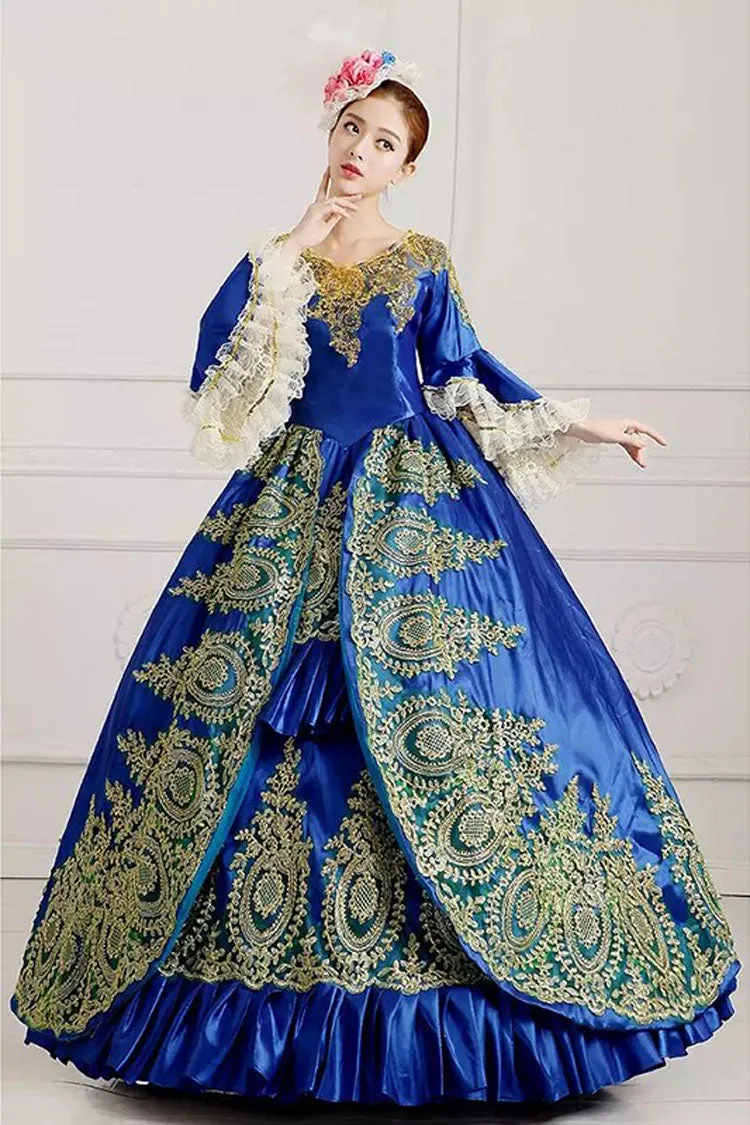 Multi-Layer Half Sleeves Trumpet Sleeves High Waisted Hollow Embroidery Floral Print Ruffled Victorian Lolita Prom Dress