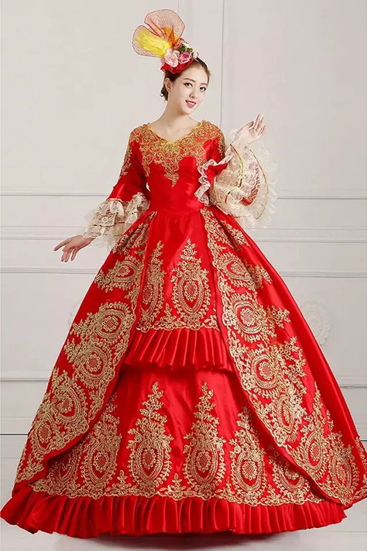 Multi-Layer Half Sleeves Trumpet Sleeves High Waisted Hollow Embroidery Floral Print Ruffled Victorian Lolita Prom Dress