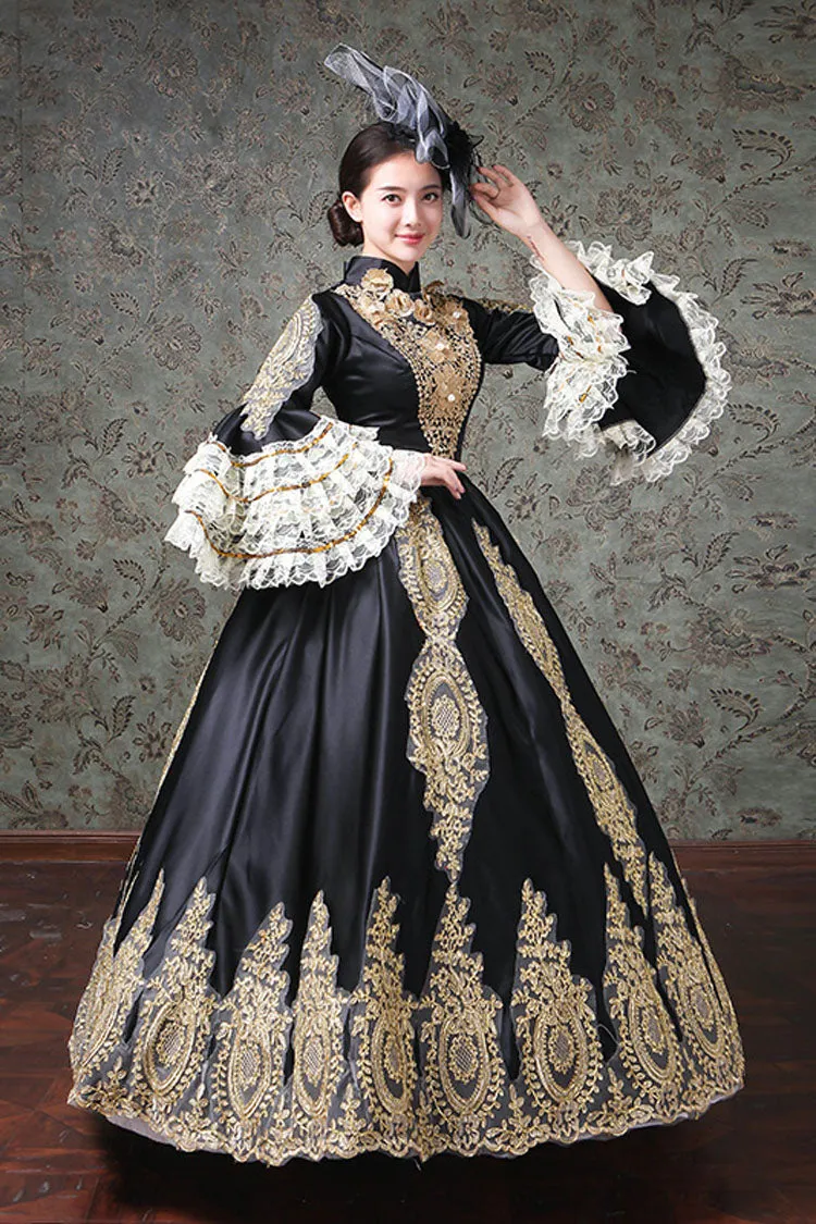 Multi-Layer Half Sleeves Trumpet Sleeves High Waisted Hollow Embroidery Print Victorian Lolita Prom Dress