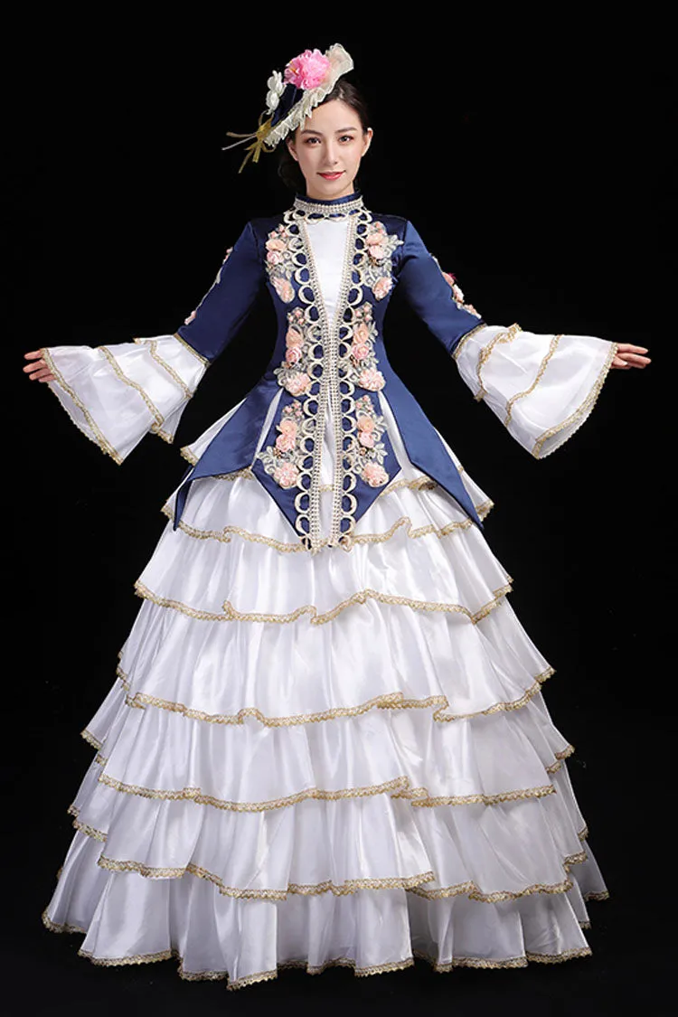 Multi-Layer Hime Sleeves High Waisted Three Dimensional Flower Print Victorian Lolita Prom Tiered Dress
