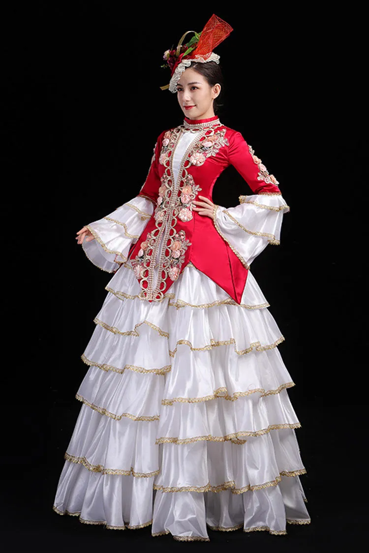 Multi-Layer Hime Sleeves High Waisted Three Dimensional Flower Print Victorian Lolita Prom Tiered Dress