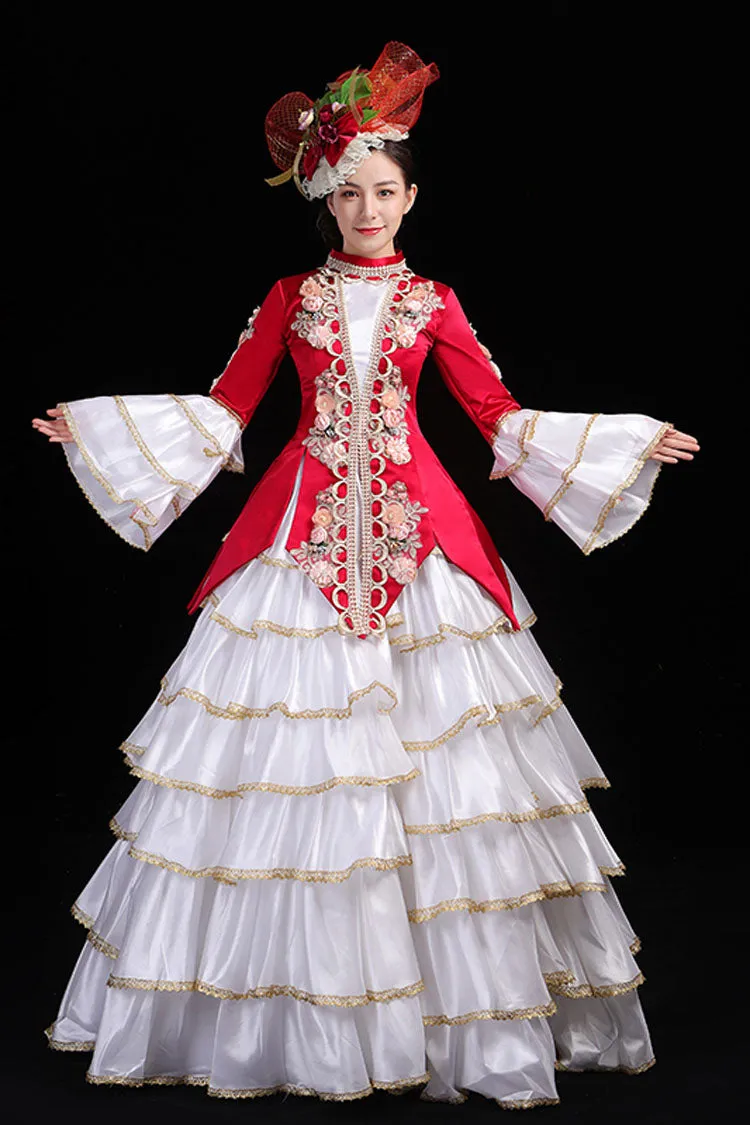 Multi-Layer Hime Sleeves High Waisted Three Dimensional Flower Print Victorian Lolita Prom Tiered Dress