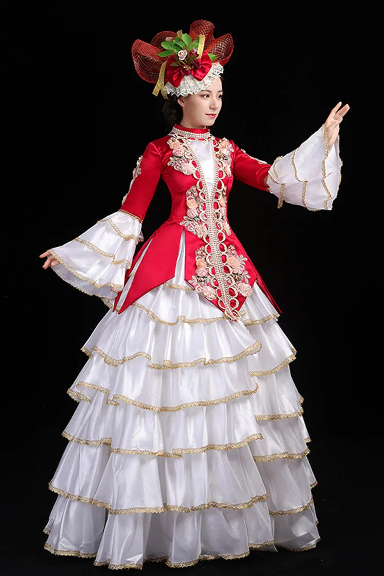 Multi-Layer Hime Sleeves High Waisted Three Dimensional Flower Print Victorian Lolita Prom Tiered Dress