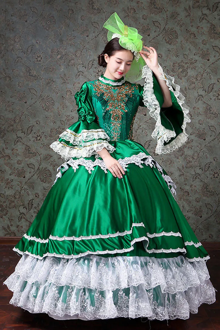 Multi-Layer Trumpet Sleeves High Waisted Lace Stitching Embroidery Print Victorian Lolita Prom Dress