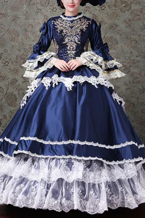 Multi-Layer Trumpet Sleeves High Waisted Lace Stitching Embroidery Print Victorian Lolita Prom Dress