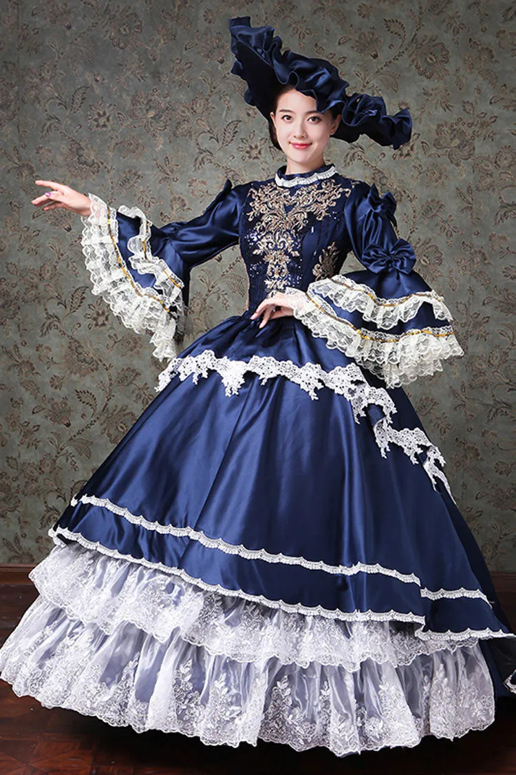 Multi-Layer Trumpet Sleeves High Waisted Lace Stitching Embroidery Print Victorian Lolita Prom Dress