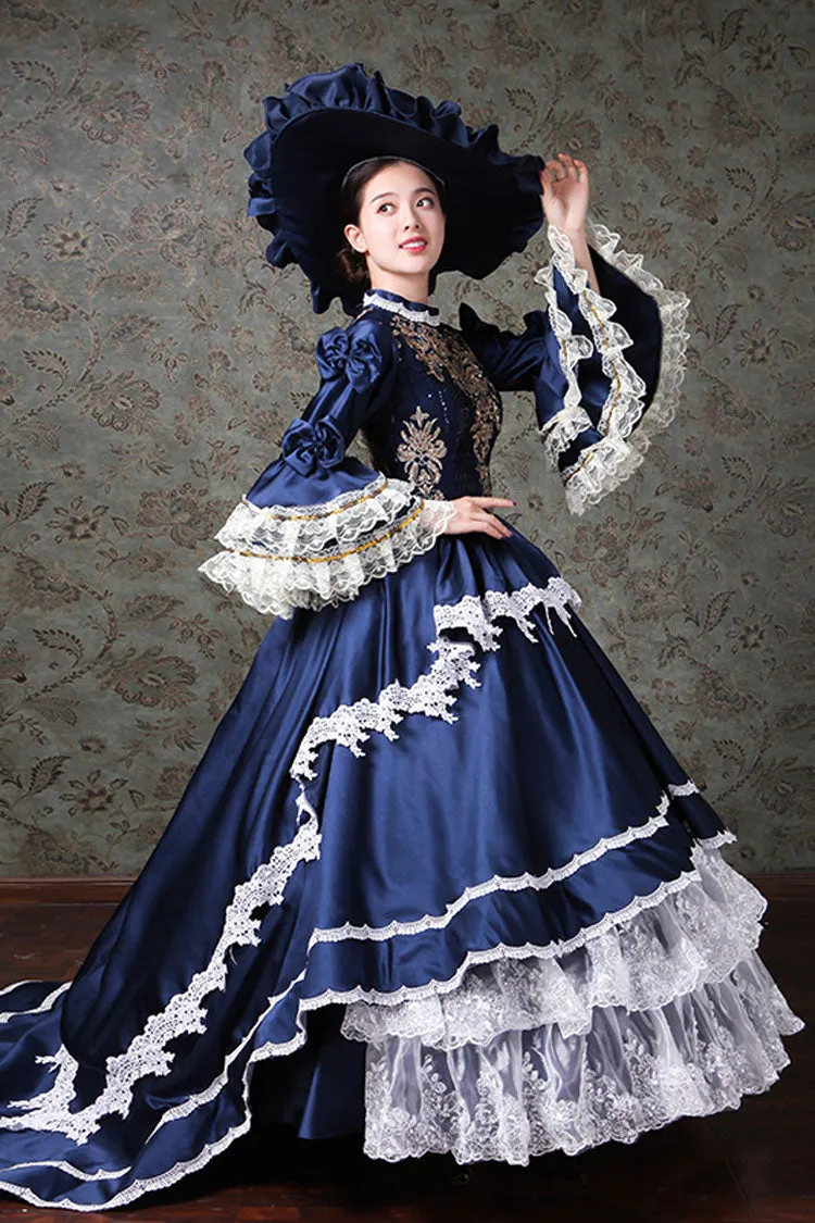 Multi-Layer Trumpet Sleeves High Waisted Lace Stitching Embroidery Print Victorian Lolita Prom Dress