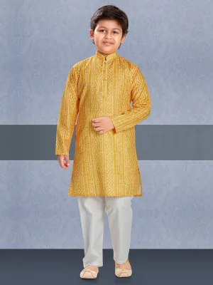 Mustard Bandhni Print Kurta Set for Boys
