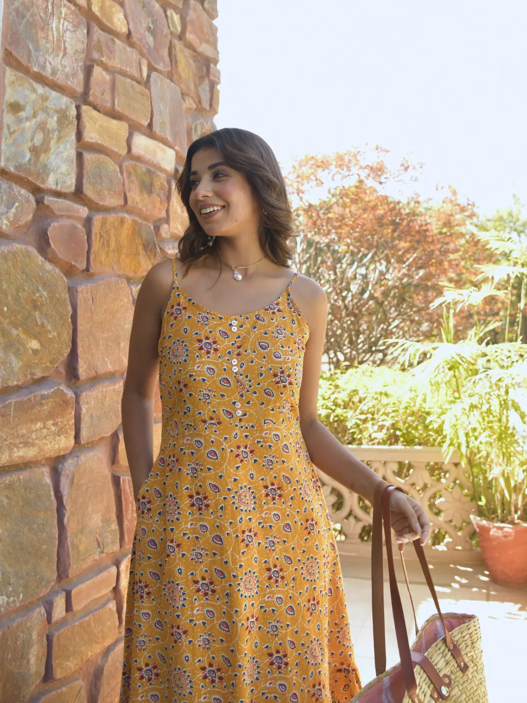 Mustard Ethnic Motifs Print Strappy Midi Dress