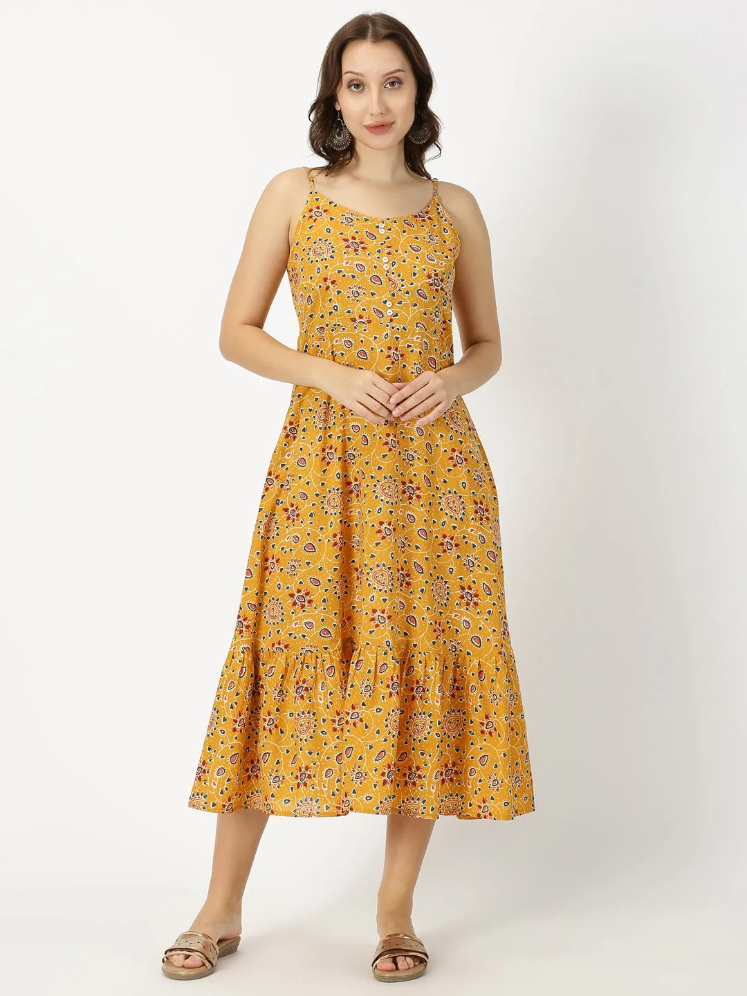 Mustard Ethnic Motifs Print Strappy Midi Dress