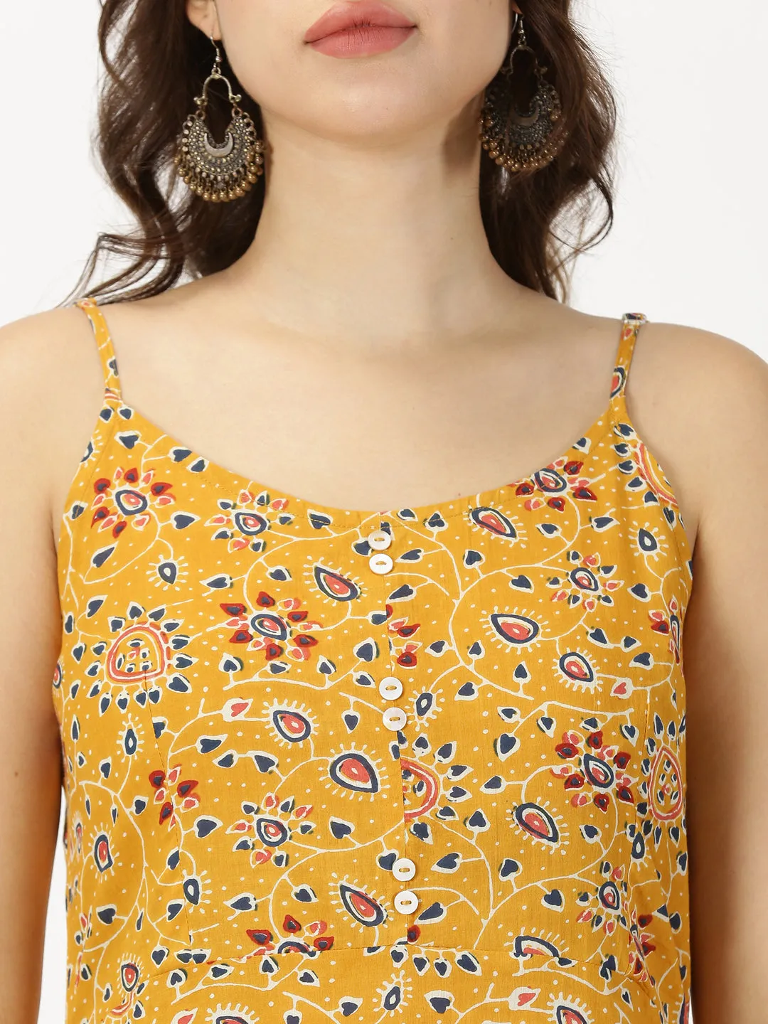 Mustard Ethnic Motifs Print Strappy Midi Dress