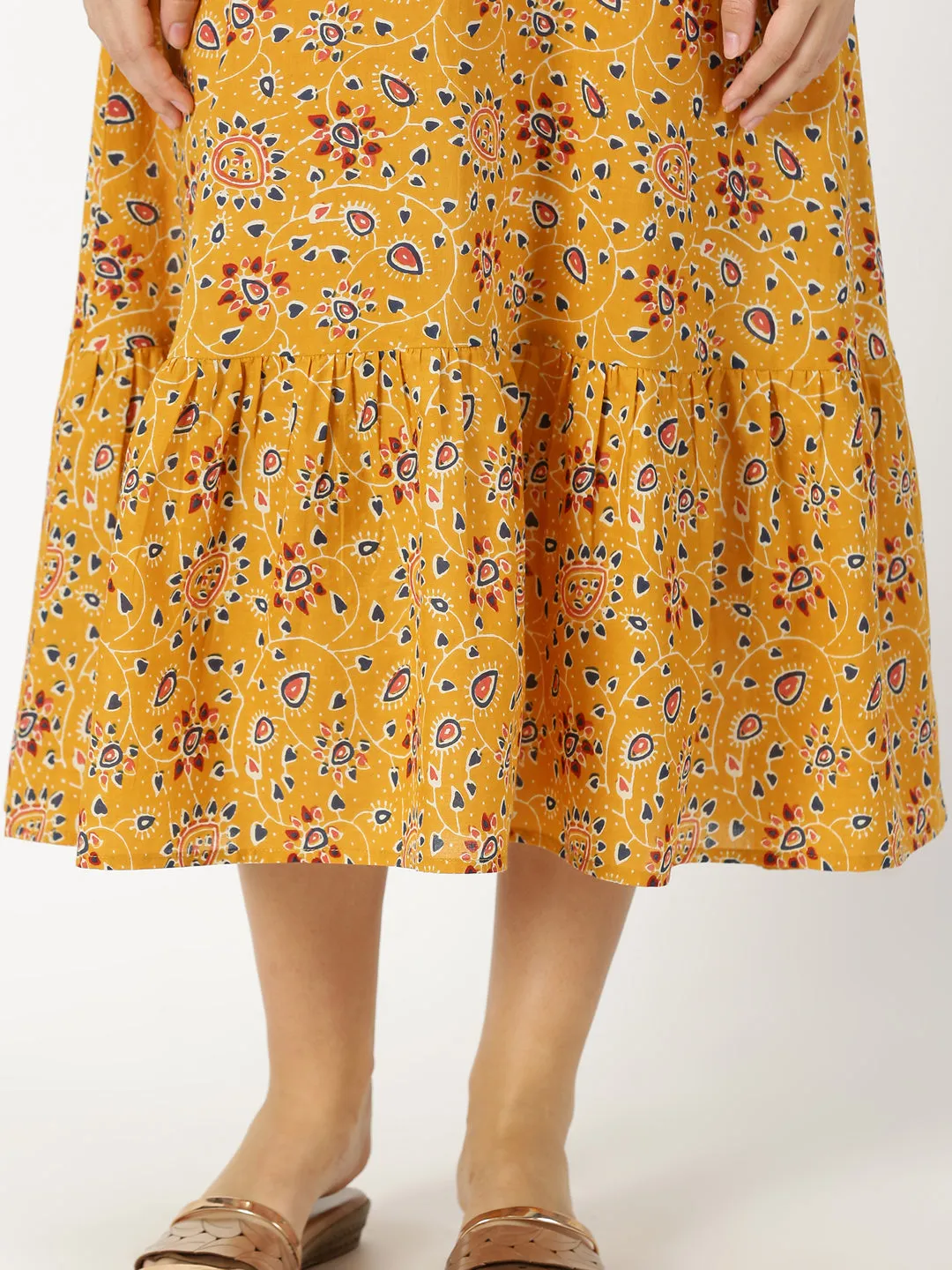 Mustard Ethnic Motifs Print Strappy Midi Dress