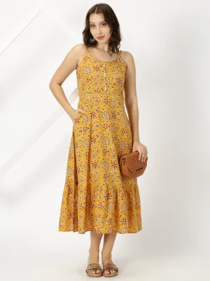 Mustard Ethnic Motifs Print Strappy Midi Dress