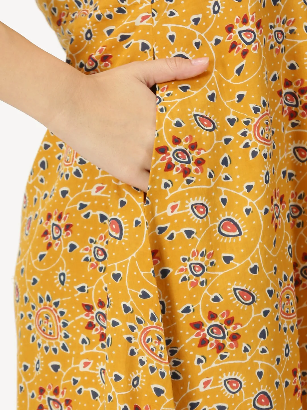 Mustard Ethnic Motifs Print Strappy Midi Dress