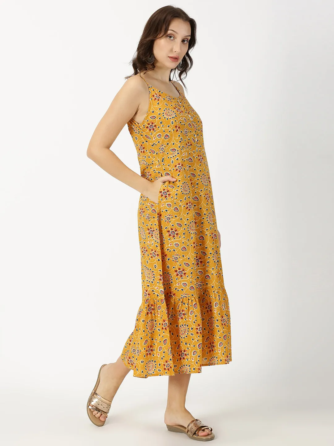 Mustard Ethnic Motifs Print Strappy Midi Dress