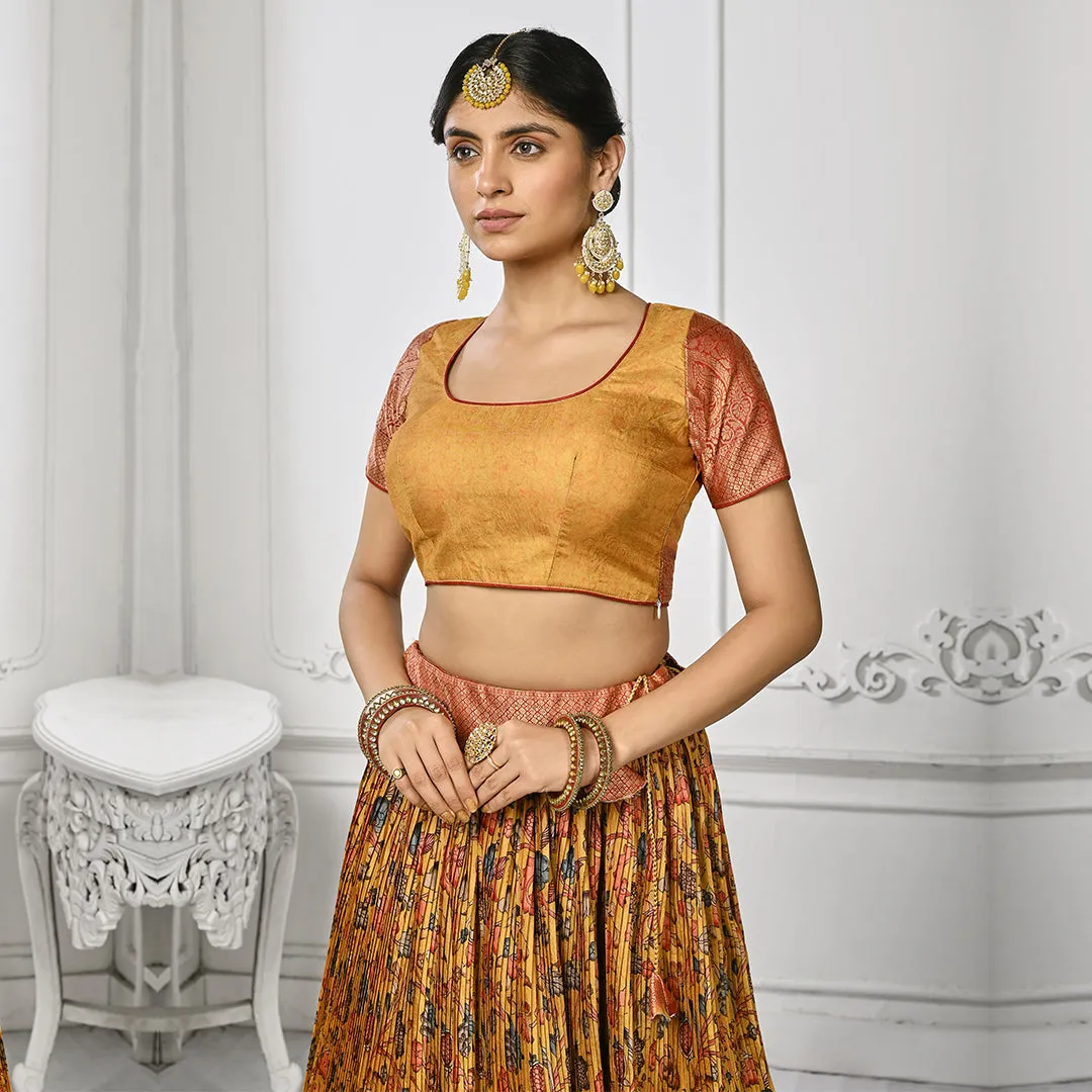 Mystic Mustard Floral Printed Pleated Lehenga Set