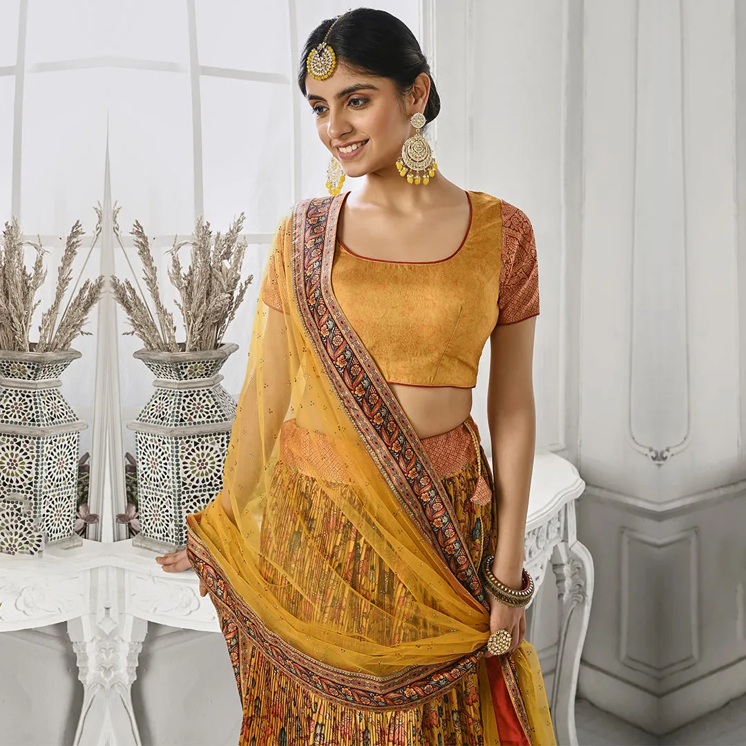 Mystic Mustard Floral Printed Pleated Lehenga Set