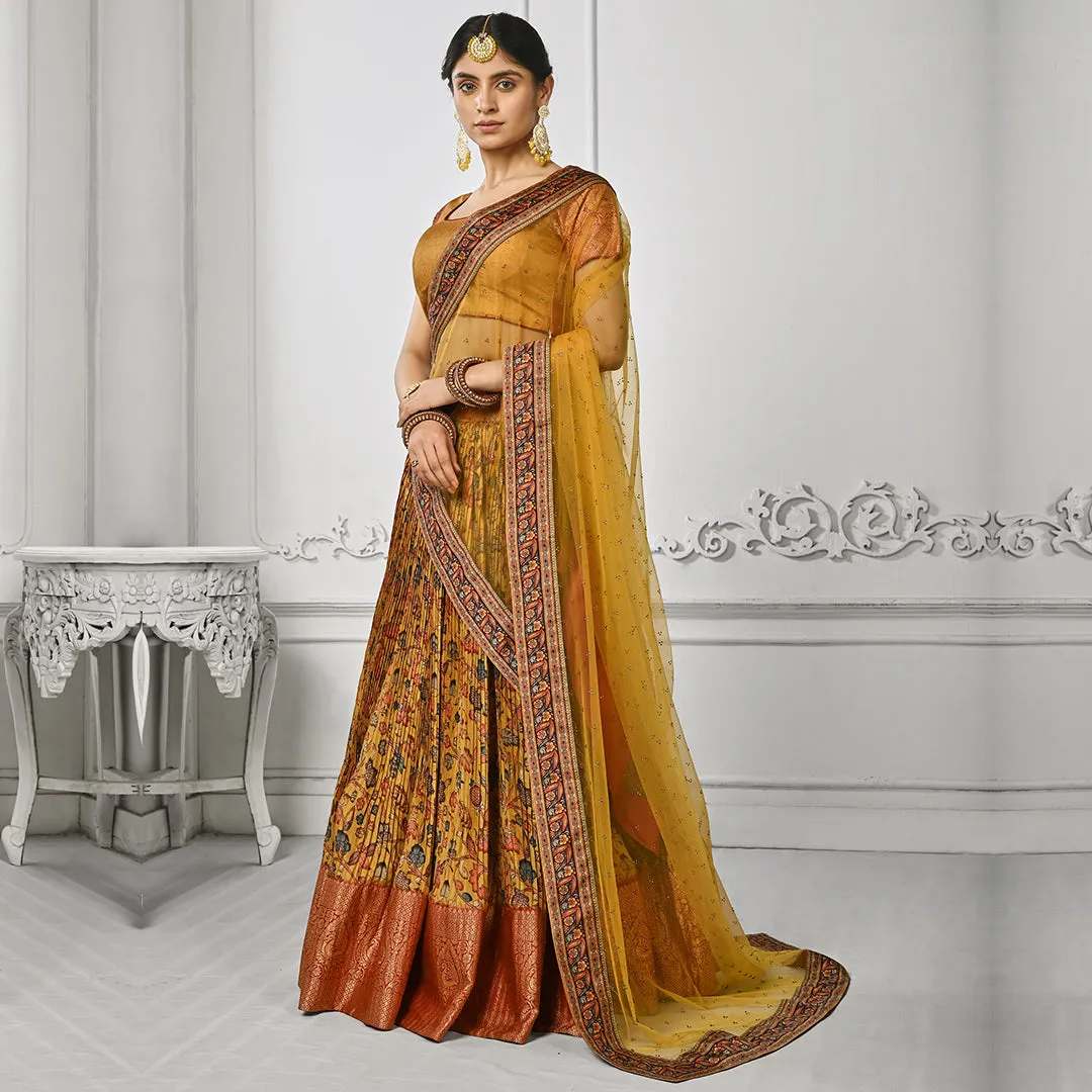 Mystic Mustard Floral Printed Pleated Lehenga Set