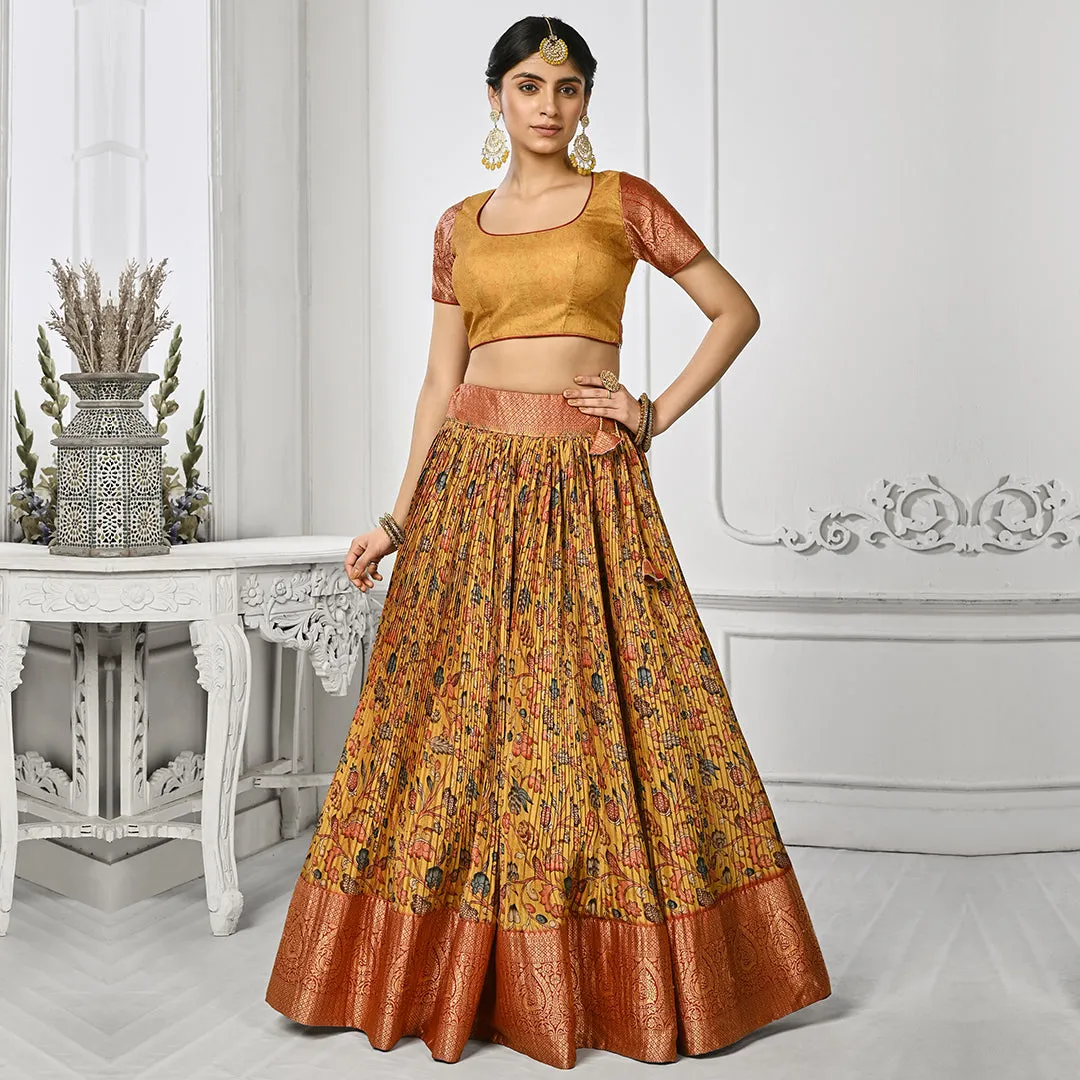 Mystic Mustard Floral Printed Pleated Lehenga Set