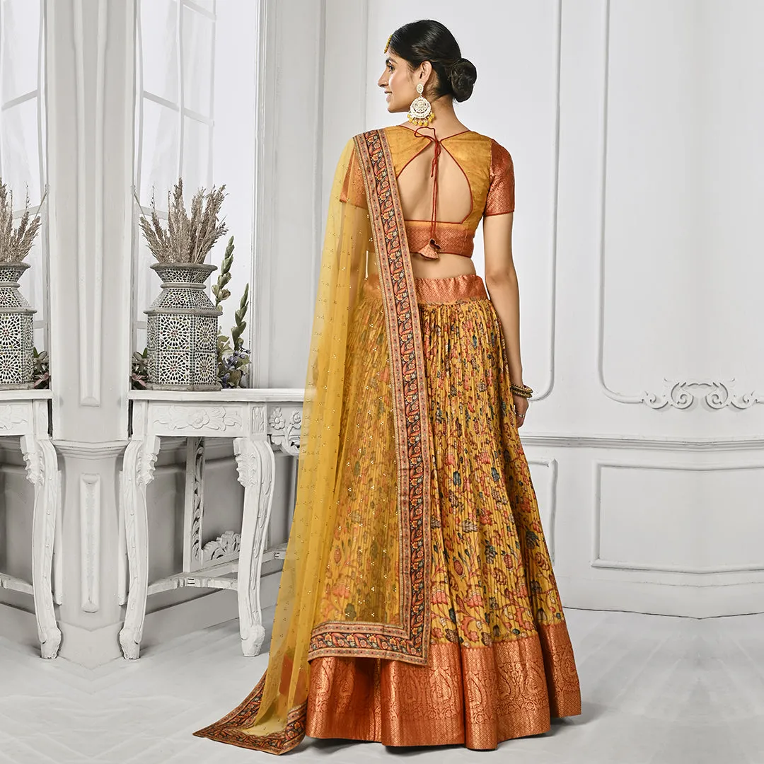 Mystic Mustard Floral Printed Pleated Lehenga Set