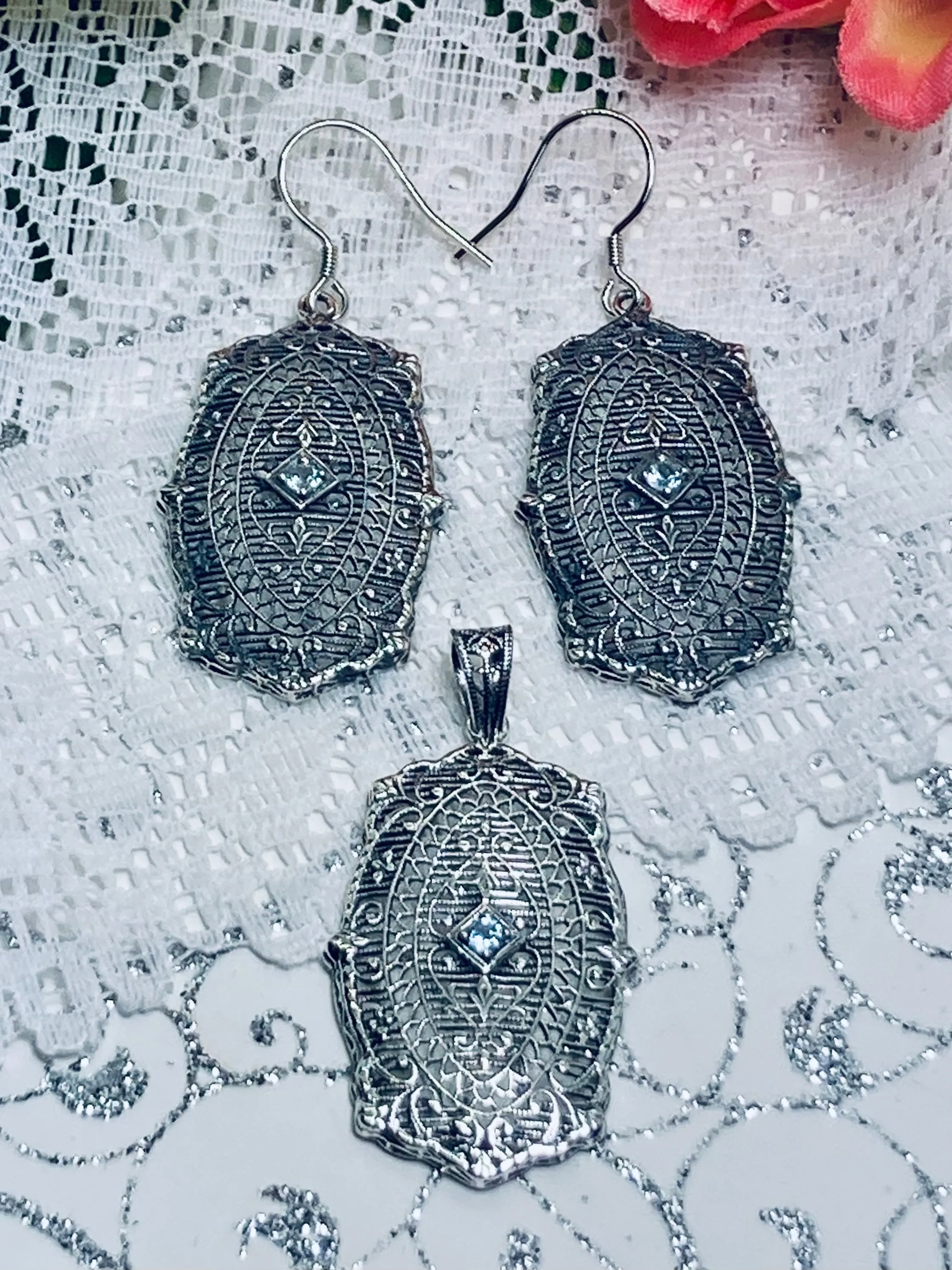 Natural Aquamarine Pendant with optional Earrings, Rococo Inspired Vintage Revival Jewelry #S358