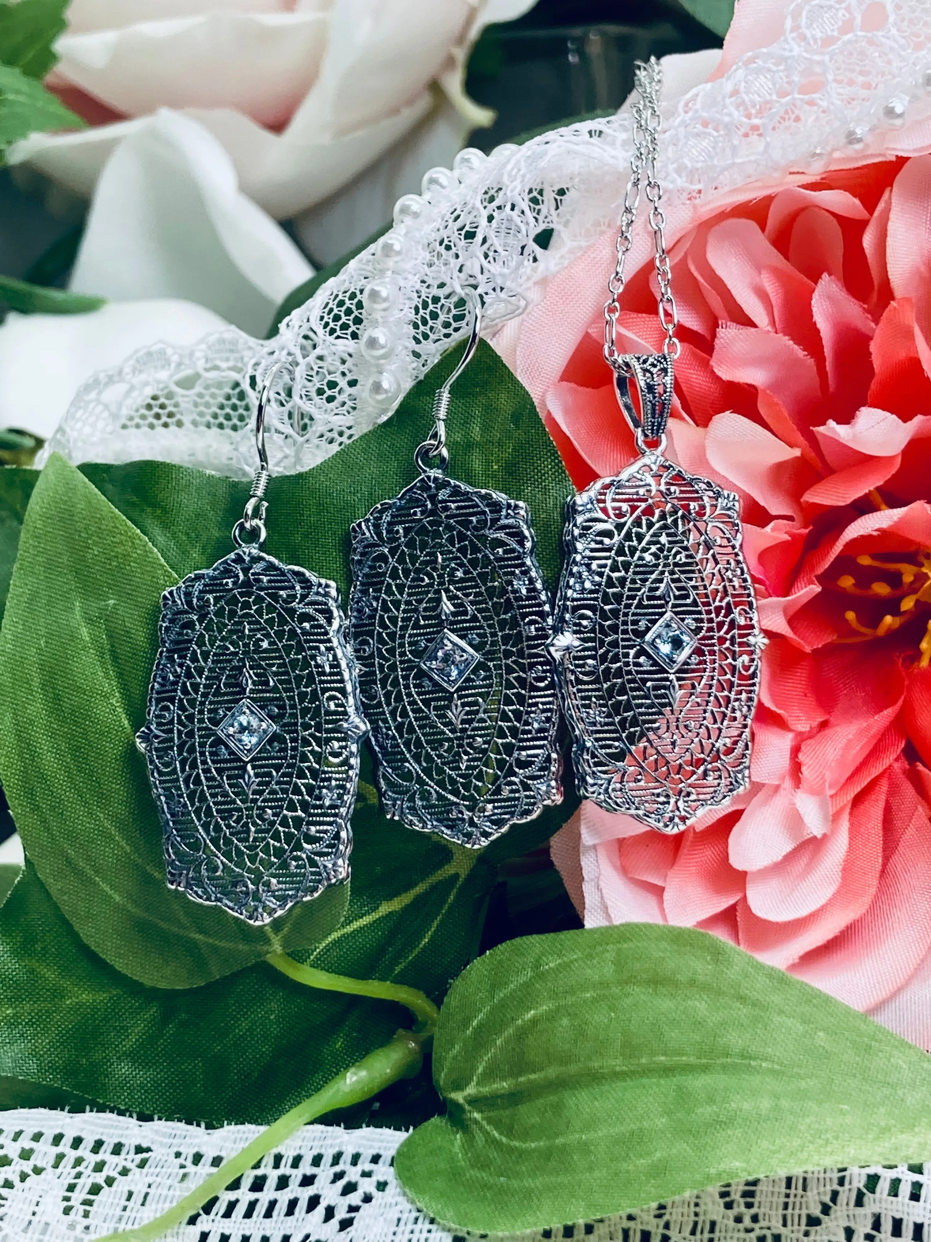 Natural Aquamarine Pendant with optional Earrings, Rococo Inspired Vintage Revival Jewelry #S358