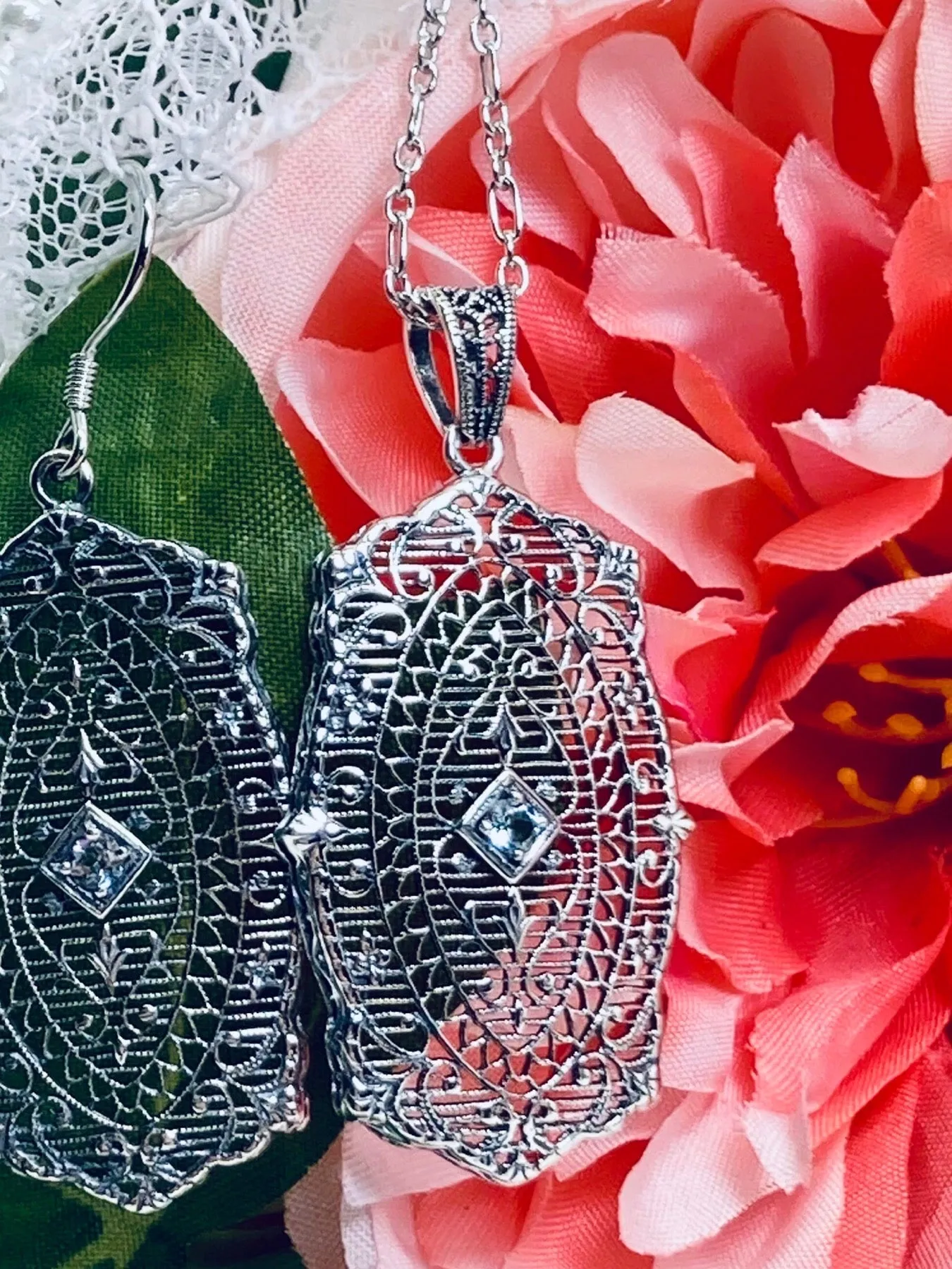 Natural Aquamarine Pendant with optional Earrings, Rococo Inspired Vintage Revival Jewelry #S358