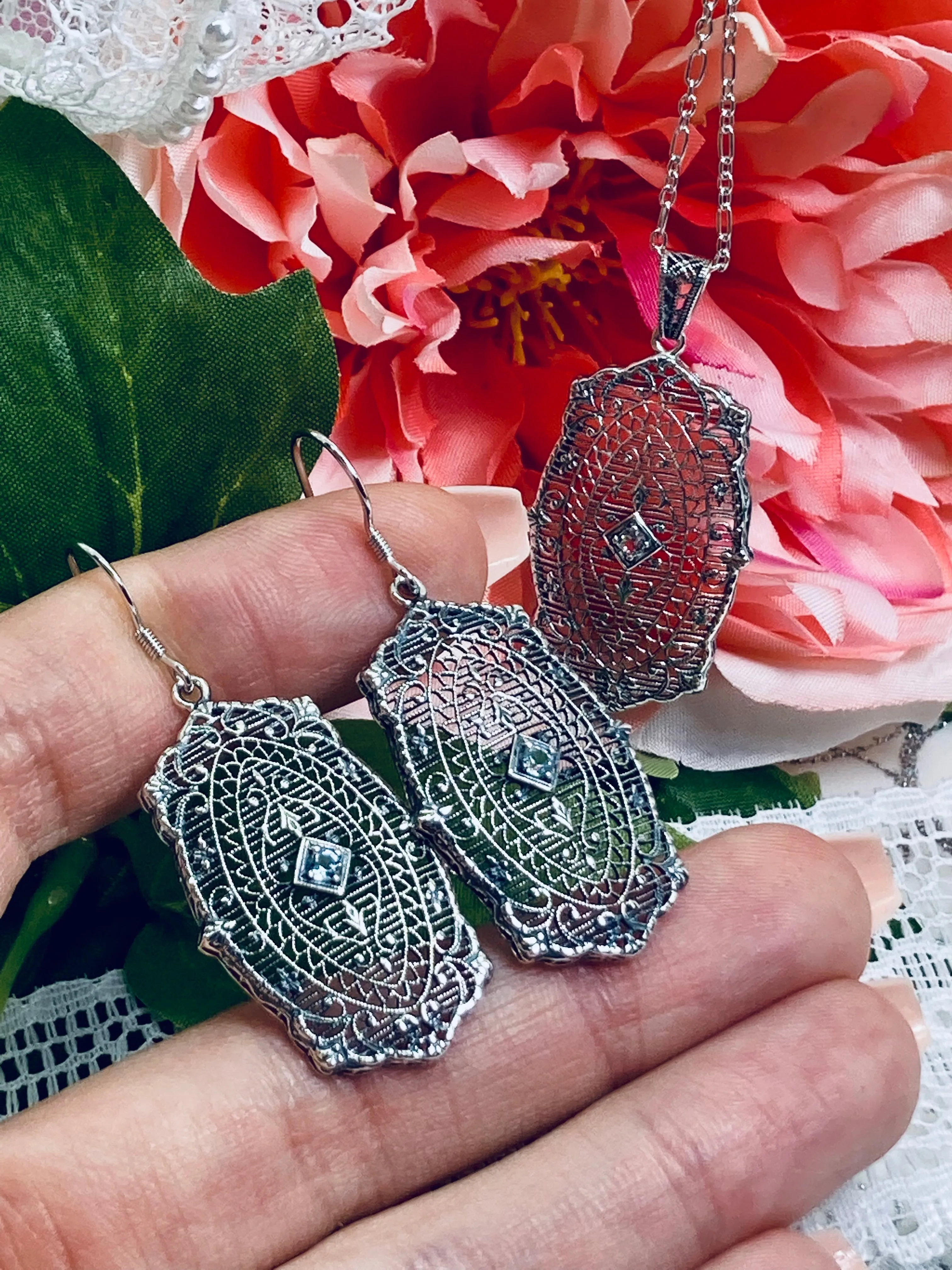 Natural Aquamarine Pendant with optional Earrings, Rococo Inspired Vintage Revival Jewelry #S358