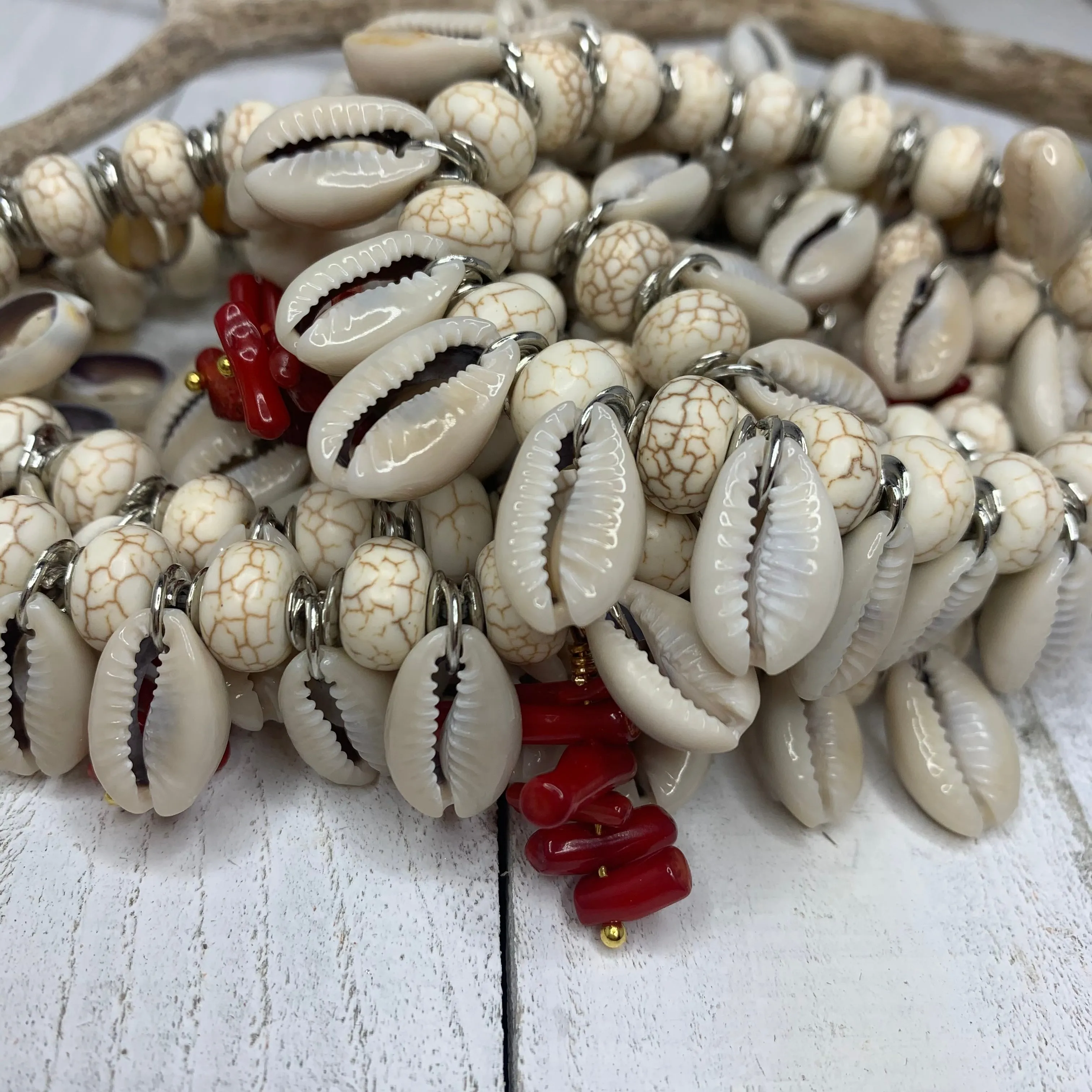Natural Cowry Shells with Coral Accents 440-04 | Erika Williner Designs