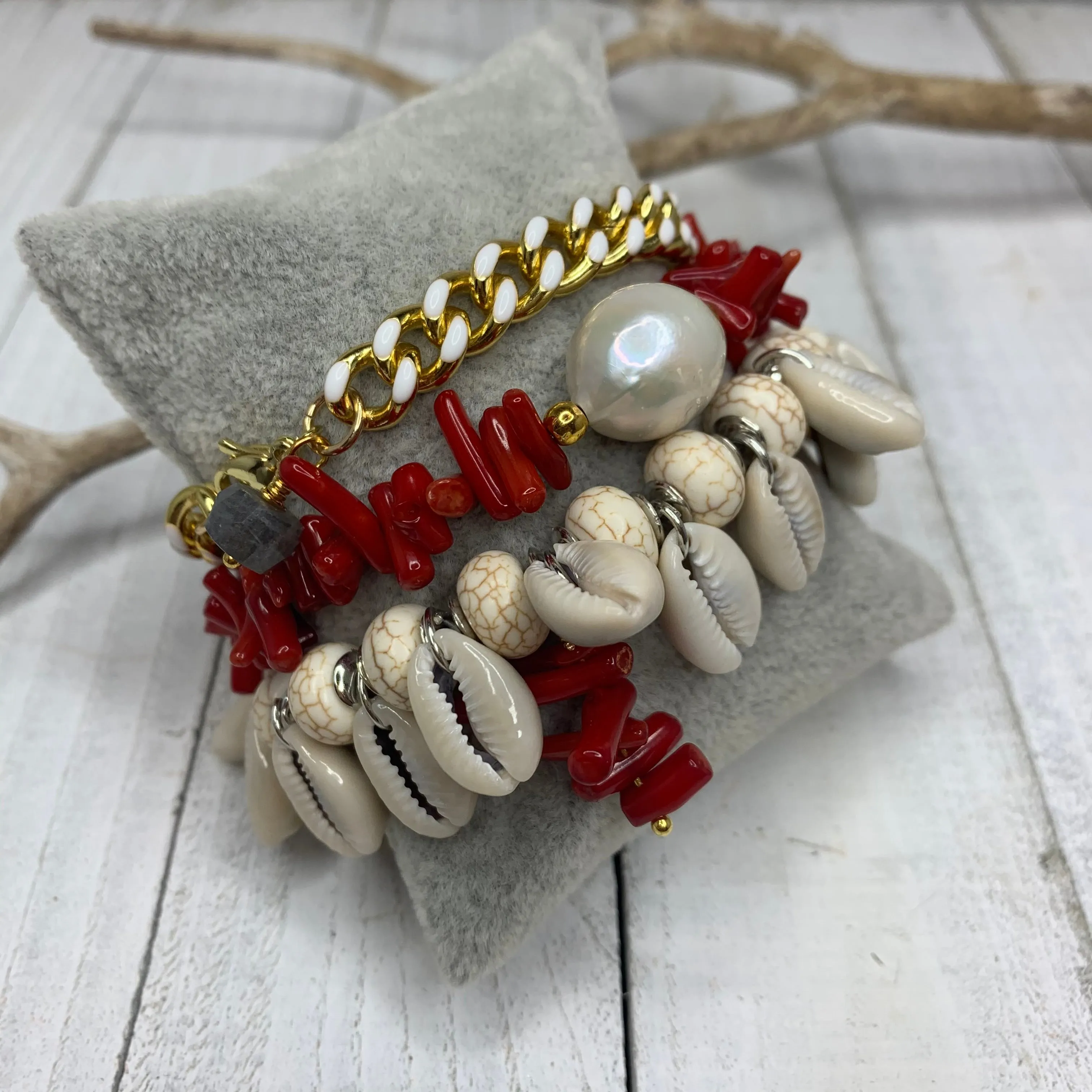 Natural Cowry Shells with Coral Accents 440-04 | Erika Williner Designs
