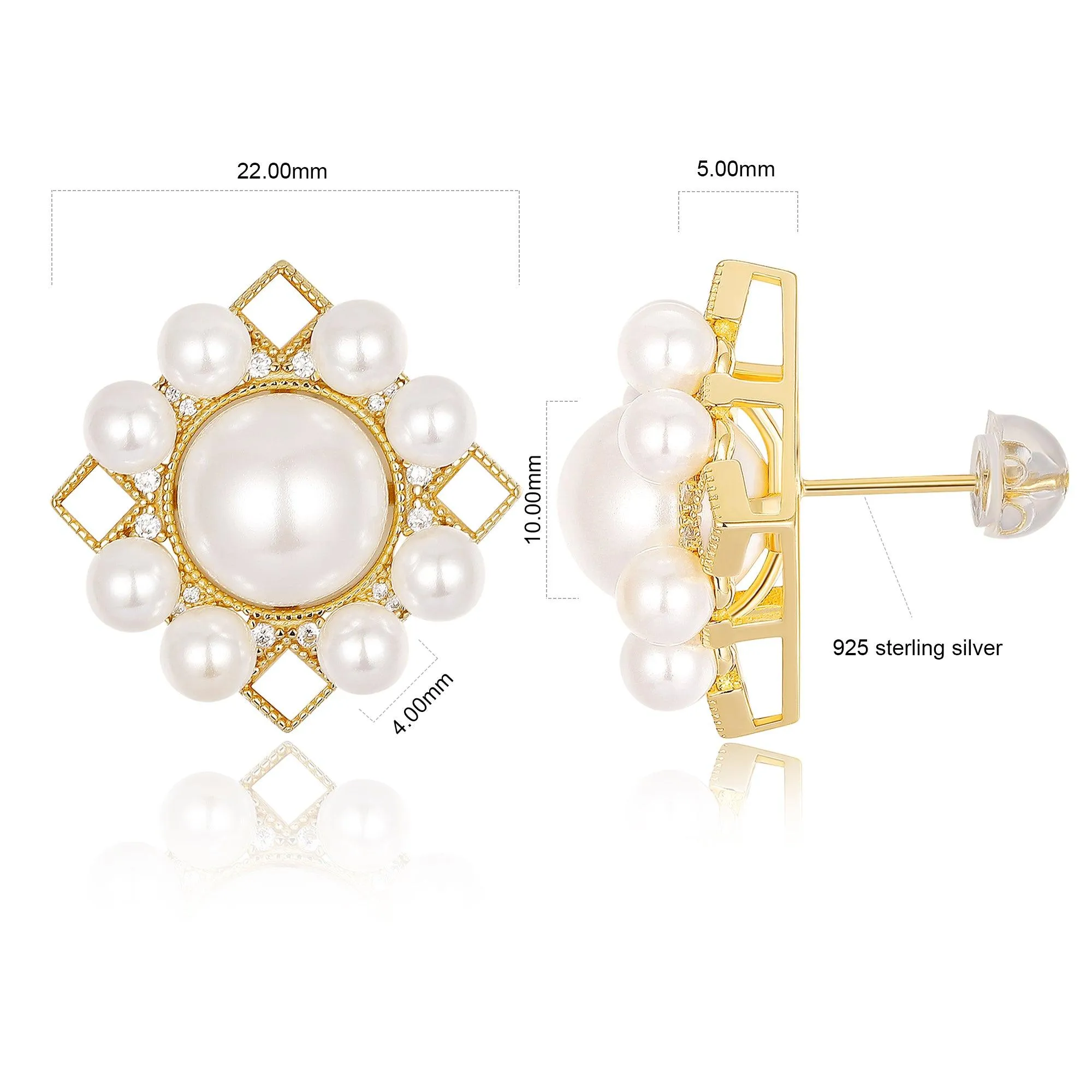 Natural Shell Pearl 10mm Studs Earrings, Sterling Silver Earrings, Beach Jewelry, Simulated Diamond Earrings For Women