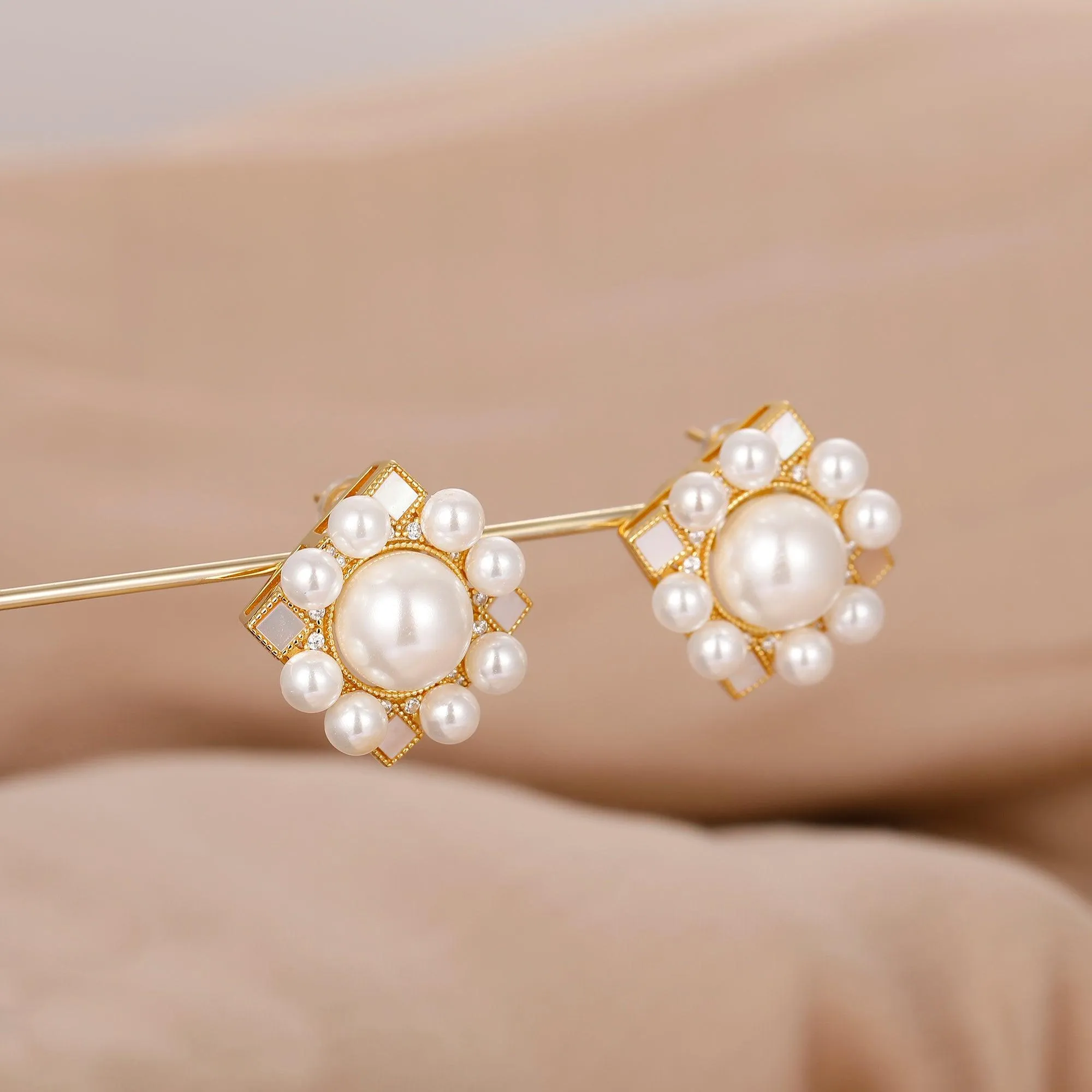 Natural Shell Pearl 10mm Studs Earrings, Sterling Silver Earrings, Beach Jewelry, Simulated Diamond Earrings For Women