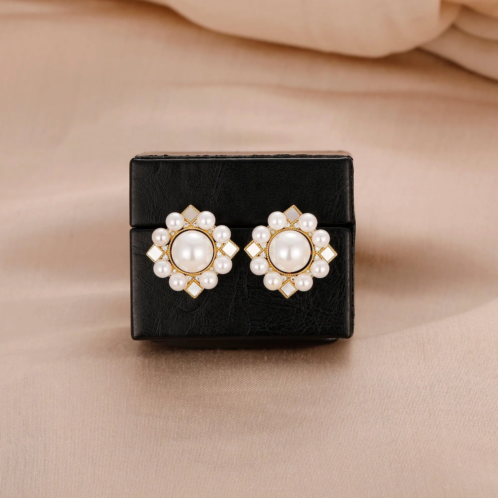 Natural Shell Pearl 10mm Studs Earrings, Sterling Silver Earrings, Beach Jewelry, Simulated Diamond Earrings For Women