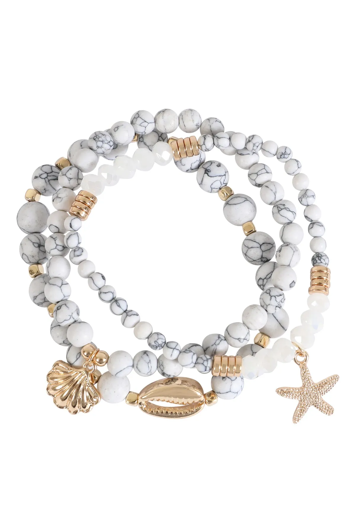 NATURAL STONE SEA SHELL CHARM BRACELET SET