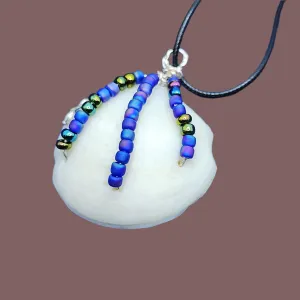 Natural White Lucina Seashell Pendant with Silver Wire Wrap & Multicolor Glass Beads-Handmade Boho Style