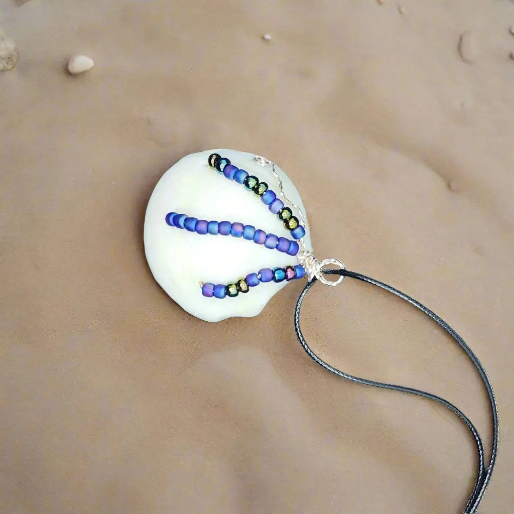 Natural White Lucina Seashell Pendant with Silver Wire Wrap & Multicolor Glass Beads-Handmade Boho Style