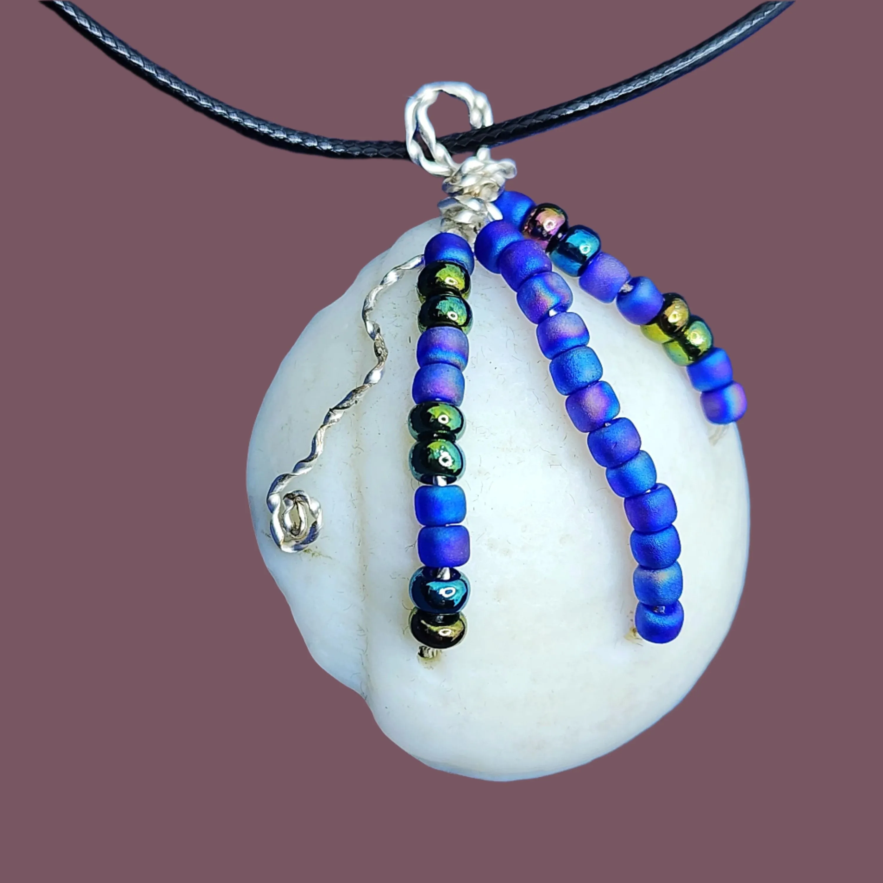 Natural White Lucina Seashell Pendant with Silver Wire Wrap & Multicolor Glass Beads-Handmade Boho Style