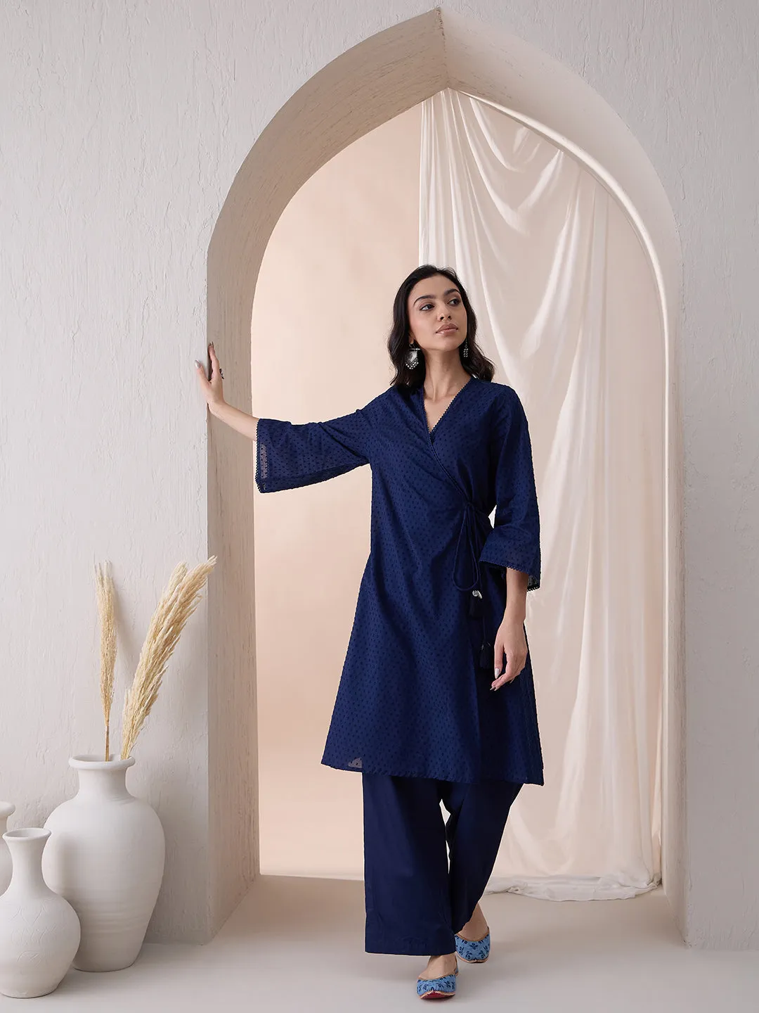 Navy Angrakha Cotton Dobby Kurta With Straight Pant